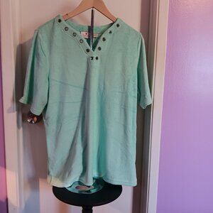 Quacker Factory Grommet Neck Elbow Sleeve Women's Large Top